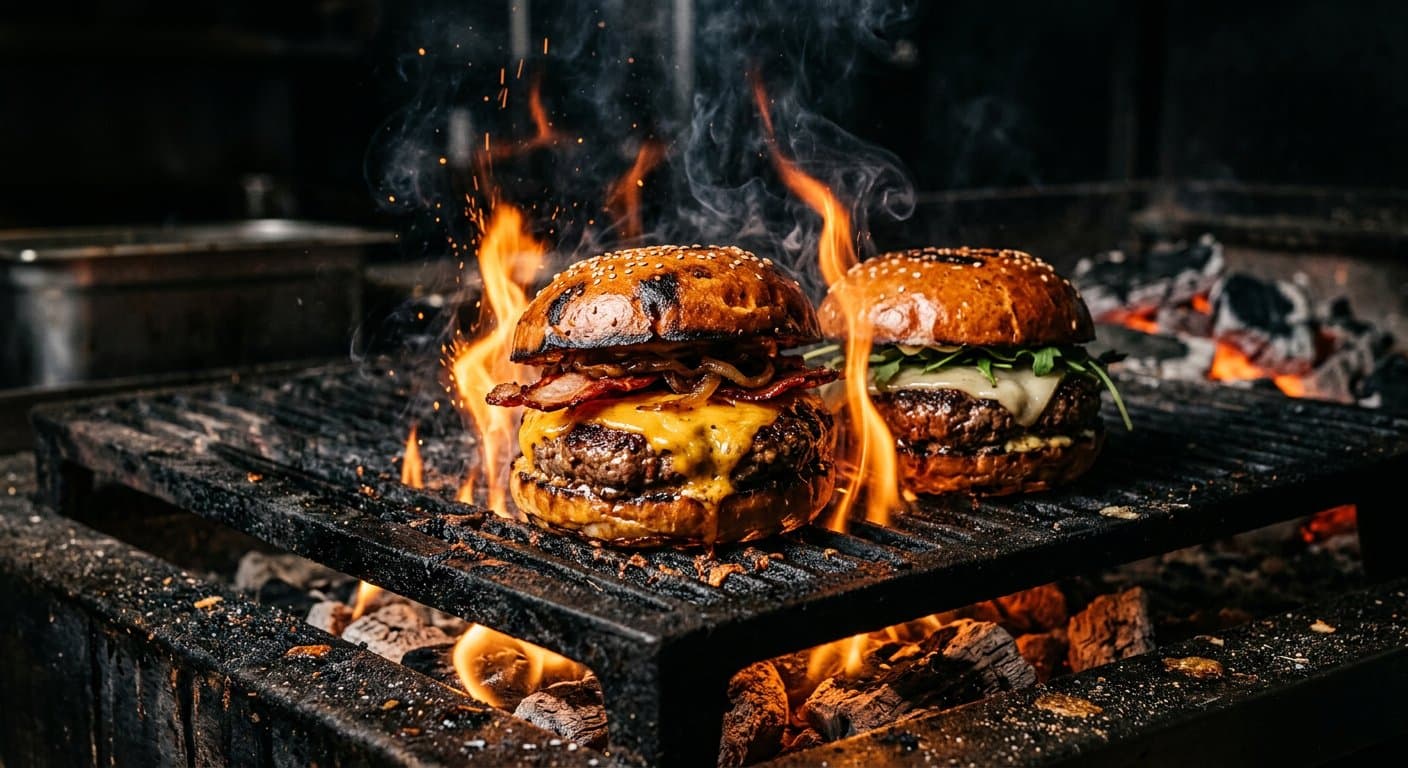 Grill with flames and burgers cooking